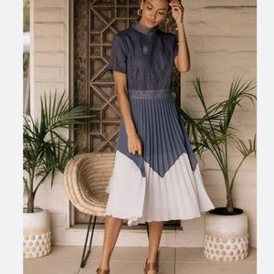 Bohme lace top short sleeve pleated skirt color block dress M